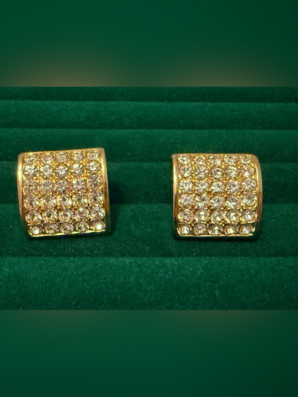 Vintage Gold-Tone Pavé Square Clip Earrings - Unbranded